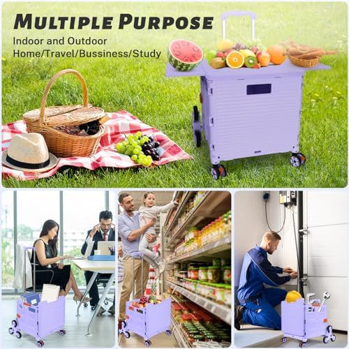 Foldable Utility Cart Collapsible Portable Crate Rolling Carts with Stair Climbing Wheels Tote Basket with Magnetic Lid Telescopic Cover Wear-Resistant 360°Rotate Wheel Noiseless for Shopping Office - Image 5