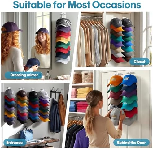 Hat Organizer for Baseball Caps Wall, 2 Pack Hat Holder for Closet Door Hold up to 16 Hats,Hat Hook with Adhesive and 8 Screws, Hat Hanger Cap Holder Hat Hangers for Wall Closet Door Bedroom(A-White) - Image 3