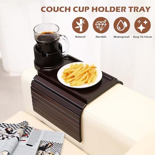 GHKINMAL Couch Cup Holder Tray,Sofa Clip on Arm Table,Black Walnut-Bamboo - Image 4