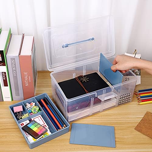 BTSKY 2 Layer Clear Plastic Dividing Storage Box with Removable Tray Multipurpose Stationery Storage Box with Handle Portable Sewing Box Art Craft Supply Organizer Home Utility Box (Big Blue) - Image 3