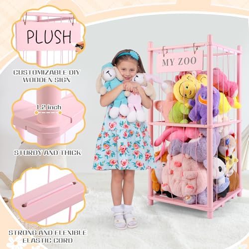 GLDZI Stuffed Animal Storage Zoo, Wooden Stuffed Animal Organizer with Elastic Cords for Boys Girls, Space Saving Toy Plushies Storage Holder for Playroom, Bedroom, Living Room (Pink, Small) - Image 5