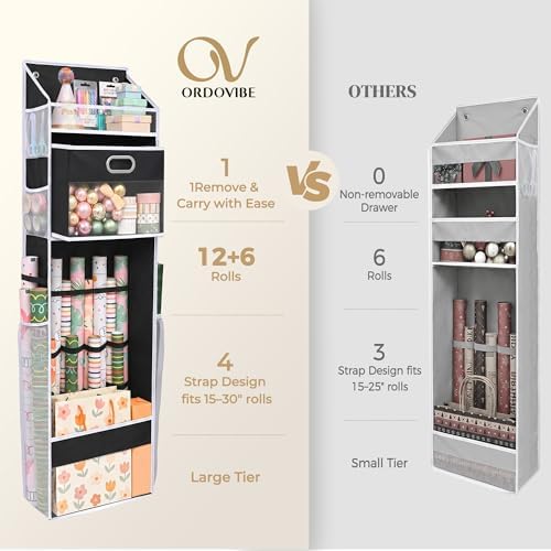 Ordovibe Wrapping Paper Storage Organizer, Over The Door Gift Wrap Holder with Removable Drawer & Side Mesh Pockets – Space Saving Closet Organizer for Christmas, Halloween, Birthday Rolls Supplies Black - Image 4