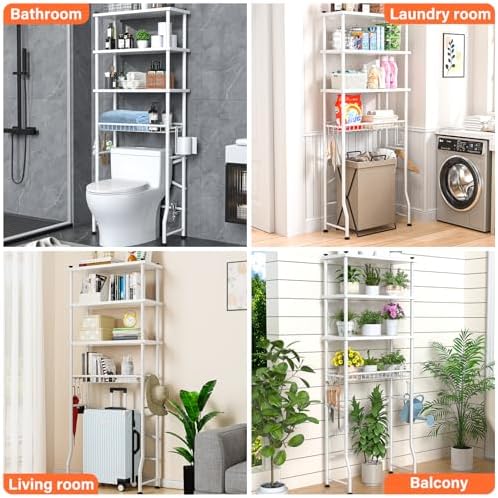 Over the Toilet Storage shelf, 4-Tier Bathroom Organizer Rack, Easy To Install with Adjustable Feet Pad and Basket Freestanding Bathroom Shelves Above Toilet, Space Saver Toilet Storage Cabinet(White) - Image 4