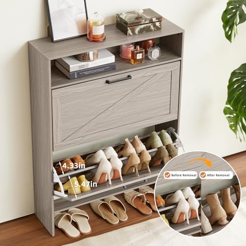 RWYHG Shoe Cabinet with 2 Flip Drawers, Narrow Entryway Organizer,Grey - Image 5