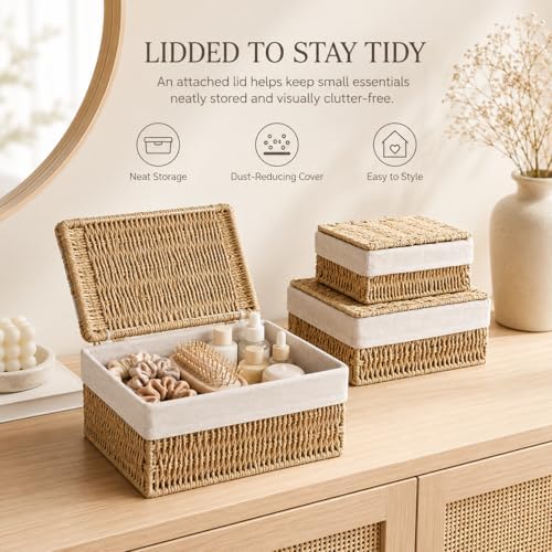 Storage Baskets with Lids Set of 3, Woven Bins with Liner - Image 6