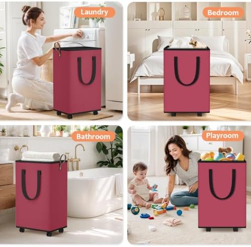 SpaceTrove Rolling Laundry Basket with Wheels, Laundry Hamper, 80L, Red - Image 6