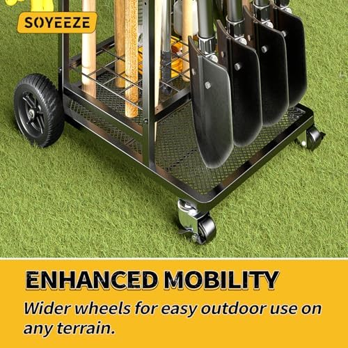 SOYEEZE Garden Tool Organizer with Large Wheels, Heavy Duty 3-Tier Yard Tower Tool Rack for Garage, Holds Up to 35 Long-Handled Tools, Garden Tool Cart with 12 Hooks for Tool Organization Storage - Image 4