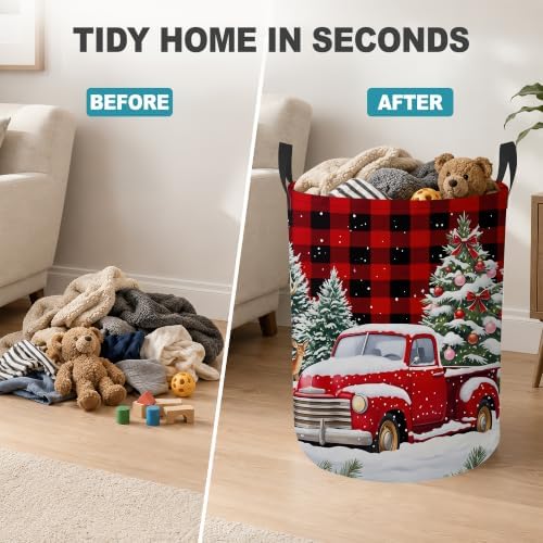 Christmas Red Truck Collapsible Laundry Hamper,Winter Deer Waterproof Oxford Cloth Clothes Basket with Handles for Bathroom Bedroom Nursery Dorm Room,16" x 20" - Image 4