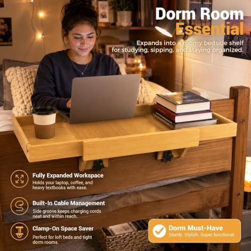 MinBoo Expandable Bamboo Bedside Shelf – Sliding Clip-On Nightstand for Bunk Beds (Fits up to 2.36" Rails), Space-Saving Floating Bed Tray with Cable Slots and Hanging Hooks (Natural Wood) - Image 5