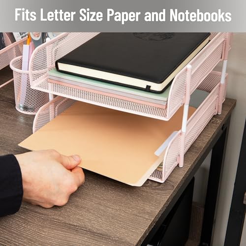 Mind Reader Stackable Paper Tray, Desktop Organizer, File Storage, Office, Metal Mesh, 2 Pcs, Pink - Image 6