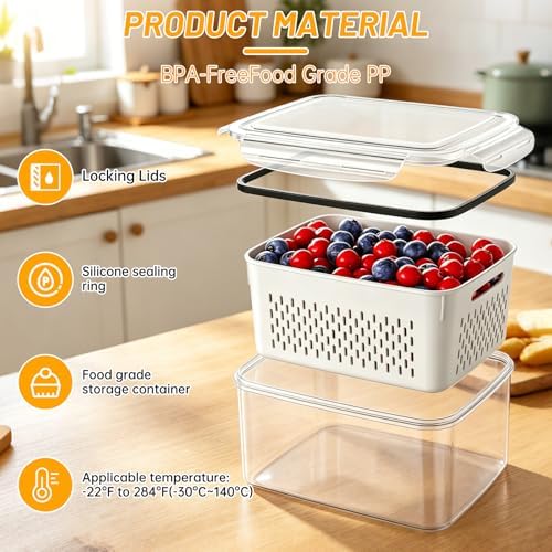 3 Pack Fruit Storage Containers for Fridge with Removable Colander - Image 3