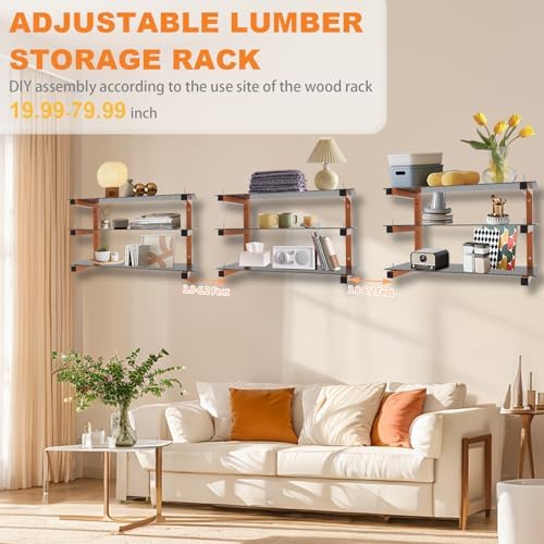 6 Pack Wall-Mounted Lumber Rack, Heavy Duty Wood Storage Racks, 9-Level System Garage Shelving, 1980 LBS Capacity Hanging Organizer Shelves, Orange Brackets Utility Metal Shelf for Indoor and Outdoor - Image 4