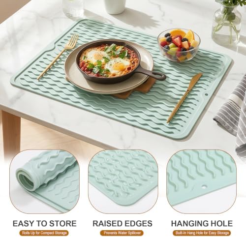 2 Pack Silicone Dish Drying Mat for Kitchen Counter Placemats Cooking Shower Caddy Must Haves Household Dining Finds Simple Bathroom Coasters Rubber Work Crafts Tools Rug 15"x11.5" Green - Image 2