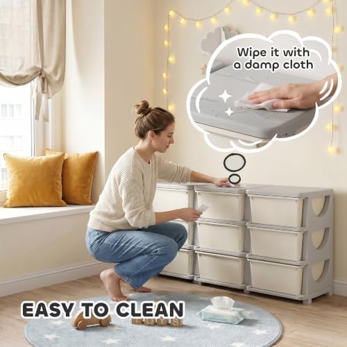 Qaba 9 Drawers Kids Storage Unit 3 Tier Toy Organizers Cream White - Image 6