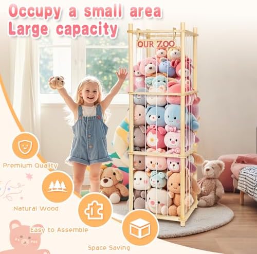 Stuffed Animal Storage - Tall Natural Pine Wood Toy Organizer with Elastic Cords & Shelf, Space-Saving Plushie Playhouse for Nursery, Playroom, Kids Bedroom - Easy Assembly - Image 6