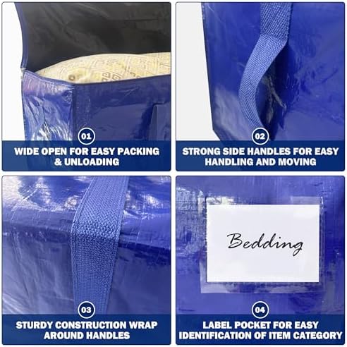 8 Pack Extra Heavy Duty Large Moving Bags with Strong Zipper & Carrying Handles, Sturdy Clothes Storage Bag Totes Bins, Packing Bags Moving Boxes College Moving Supplies, Dark Blue - 33 gal - Image 7