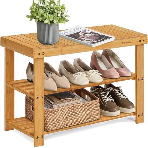 SONGMICS Shoe Rack Bench, 3-Tier Bamboo Shoe Storage Organizer, Entryway Bench, Holds Up to 286 lb, 11.3 x 27.6 x 17.8 Inches, for Entryway Bathroom Bedroom, Natural ULBS04N by SONGMICSbySONGMICSHOME