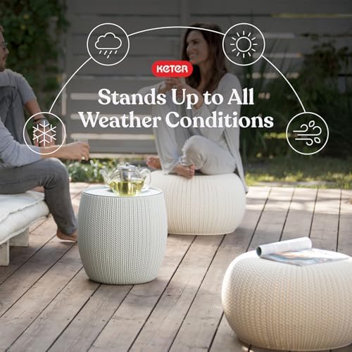 Keter Urban Knit Pouf Ottoman Set of 2 with Storage Table for Patio and Room Décor - Perfect for Balcony, Deck, and Outdoor Seating, Grey & White - Image 4