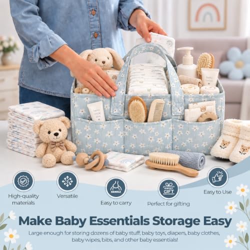 PeraBella Baby Diaper Caddy Organizer, Floral Baby Basket Shower Gift, Nursery Organizer Basket Newborn Boy & Girl Essential Items, Changing Table Organizer Caddy for Baby Stuff, Car Caddy- Blue Daisy - Image 3