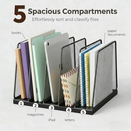 5-Section Vertical File Organizer for Desk, Sturdy Wood Base & Metal Mesh Desktop File Holder, Upright Paper Folder Sorter for Office Supplies（Black） - Image 5