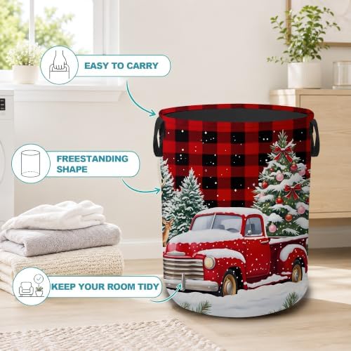 Christmas Red Truck Collapsible Laundry Hamper,Winter Deer Waterproof Oxford Cloth Clothes Basket with Handles for Bathroom Bedroom Nursery Dorm Room,16" x 20" - Image 3