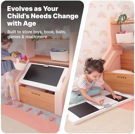 Step2 Harmony Toy Storage Box, Wood and Plastic, Shelves for Books, Toy Storage Bin with Chalkboard Lid and Clip, Easel and Toy Organizer in One, Rose Pink - Image 4
