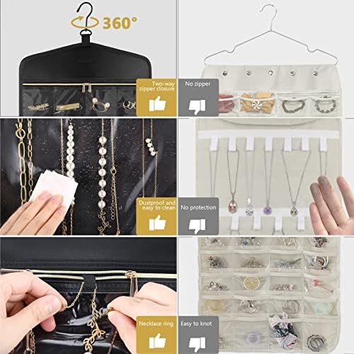 CHICECO Travel Jewelry Holder Organizer,Hanging Jewelry Organizer Storage with Zippered Pockets for Cloest,Jewelry Holder for Earrings, Necklaces（Black） - Image 3