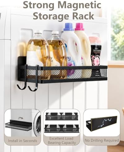 2 Pack Magnetic Shelves for Washing Machine, No Drill Heavy Duty Magnet Storage Rack with 4 J-Hooks and Towel Bar, Laundry Room Organization for Washer Dryer Refrigerator - Image 3
