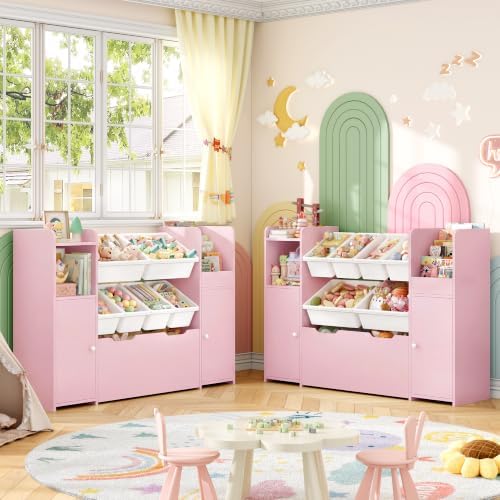 2 Pcs 55''W Storage Cabinet with Large Chest, Montessori Bookshelf, Pink by HIFIT