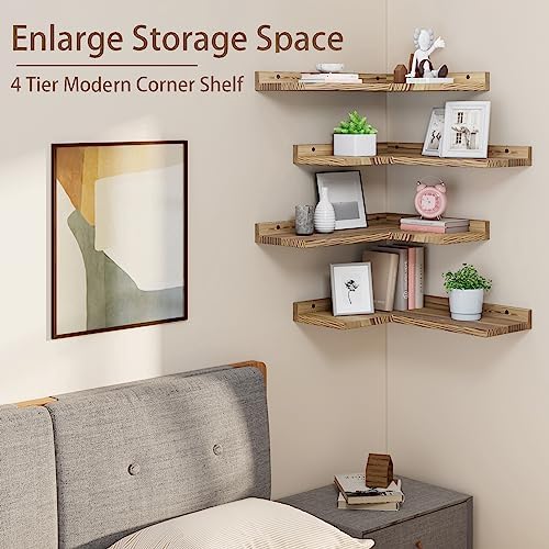 4 Tier Floating Corner Shelves Set of 4, Rustic Pine Wood Floating Corner Wall Shelf for Wall Décor Storage, L Shaped Corner Shelf Wall Mount for Bedroom,Living Room,Bathroom,Kitchen,Carbonized Black. - Image 5