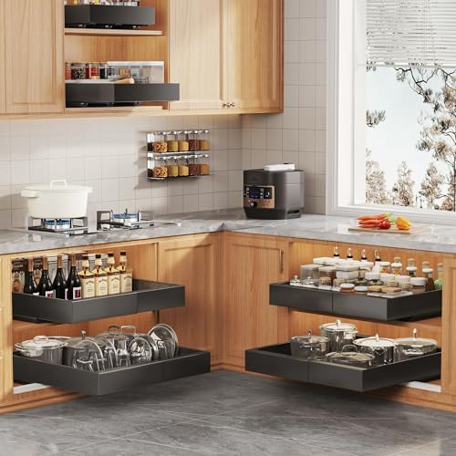 Seinloes 4 Pack Expandable Pull Out Cabinet Organizer 21"Deep With Raising Pad for Framed Cabinets,Slide Out Drawers With 4pcs Divider Racks,No Drill Roll Out Shelf,Adjustable Width 12.05"-20.4"Black - Image 6