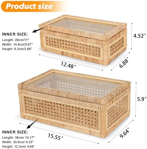 Large Handwoven Boho Rattan Display Boxes with Glass Lids Set of 2 - Image 3