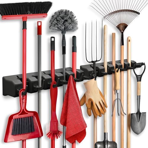 2 Pack Mop and Broom Holder Wall Mount Hanger, Heavy Duty, 5 Slots 4 Hooks by HOMEIT