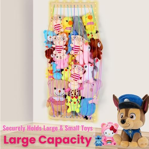 Stuffed Animal Storage Wood Soft Toy Storage for Kids Room，Wall Mount Door Hanging Stuffed Animal Toy Organizer Shelf for Nursery Play Room White with LED Coil -Patent - Image 3