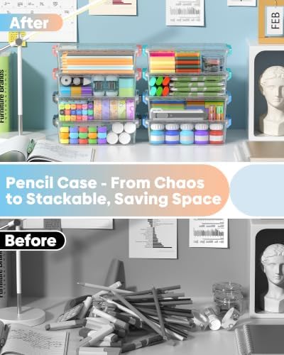 BiuLeon 8 Pack Large Pencil Box Set, Plastic Clear Pencil Case Marker Organizer, Crayon Box Craft Organizers, Stackable Storage Containers with Lid for Pen, Art and Craft Supplies(Multicolor) - Image 4