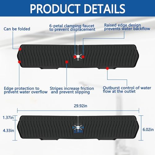 Kitchen Sink Splash Guard Gen2-30" x 6'' Silicone Sink Mat Splash Guard fit for Countertop, Bathroom,Farmhouse,RV by EBIGIC (Black) - Image 2