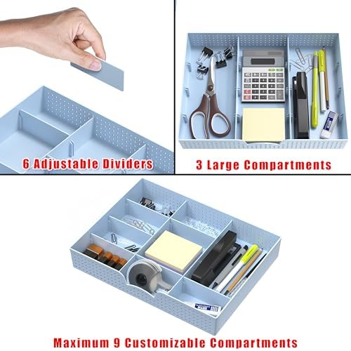 Simple Houseware Drawer Organizer Tray, 9 Adjustable Compartments, Blue - Image 3