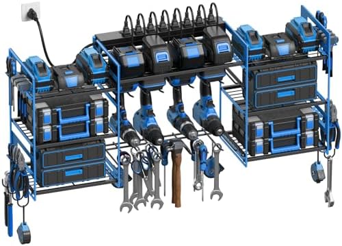CCCEI Blue Power Tool Organizer Wall Mount, Large Tools and Battery Storage Rack Charging Station Individual Switches. Drills Holder, Garage Utility Shelves with 10FT Power Strip. Gift for Men. by CCCEI