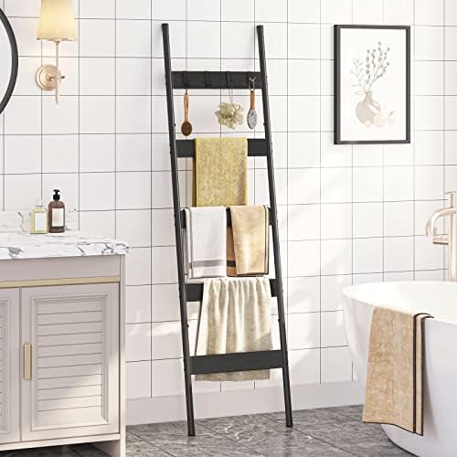 HOOBRO Blanket Ladder, 5-Tier Towel Rack with Hooks, Wall-Leaning Blanket Rack, Decorative Display Ladder Shelf, Scarves, Industrial, Living Room, Bedroom, Black BB52CJ01 - Image 2