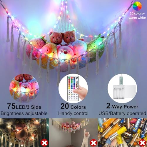 Stuffed Animal Hammock 75LEDs, 20 Colors Warm White 55in Extra Large Storage Macrame Hammock with Remote, USB Powered Hanging Plush Animal Net for Kids Bedroom Doll Room Corner Organizer(XL) - Image 3