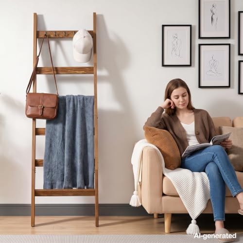 TEAKMAMA 6-Tier 5.4ft Blanket Ladder with Hooks Farmhouse Honey Brown - Image 6