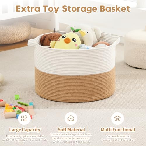 Foldable Laundry Hamper Basket with Collapsible Handle Cotton Rope Soft Woven Fabric Storage Organizer Clothes Toys Nursery Bedroom Dorm Space Saving Bin (White & Camel, 80L(21.7"D x 13.8"H)) - Image 4