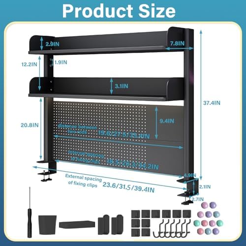 Clamp On Desk Pegboard Shelf, Black, 23.6in - Image 2