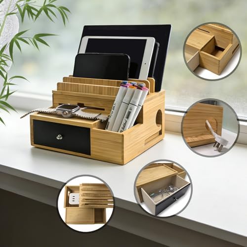 Bamboo Charging Station Organizer with Drawer and Pen Holder - Image 6