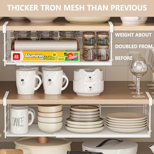 Expandable Under Cabinet Shelf, Extendable Under Shelf Storage with Removable Wire-Like Back for Pantry Cabinet, Laundry Room, Shoe Rack. (White, 1 Pack, Interior: 5" H x 10" D) - Image 3