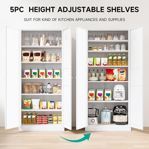 SISESOL 71" Tall Pantry Cabinet with 2 Doors and 5 Shelves,Kitchen Pantry Storage Cabinets,White Metal Storage Cabinet,Wide Deep Food Cupboard for Home,Kitchen,Dining/Living Room - Image 5