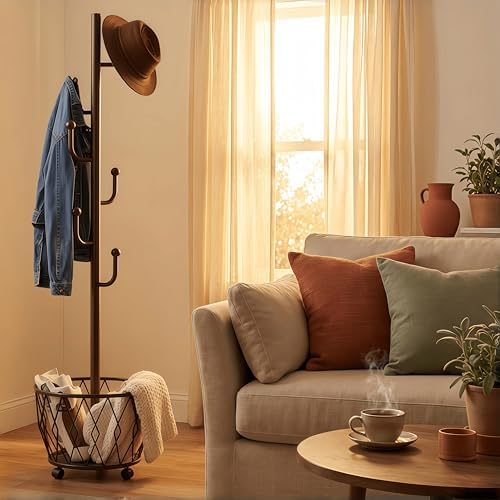 Black Moveable Cactus Metal Coat Rack with Basket Freestanding 65" by CBBZJY
