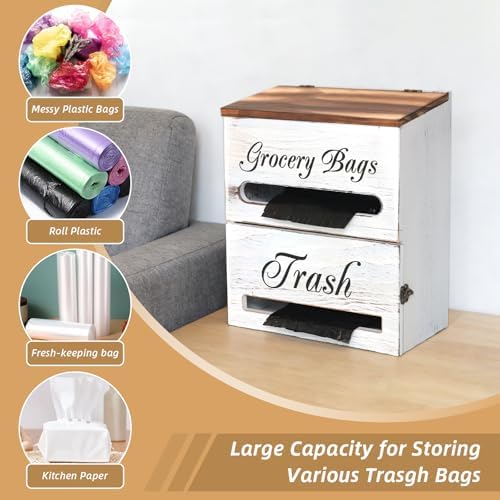 2 in 1 Trash Bag Dispenser, Double Wall Mounted,Wood Trash Bag Holder, used in kitchen, garage, laundry room, can store Environmentally friendly food bags (Vintage/Large(10inch*5.5inch*12.2inch）) - Image 5