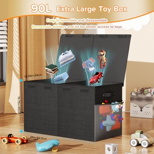 Large Toy Box Chest, Collapsible Sturdy Toy Storage Organizer Boxes Bins Baskets Dinosaur Kids Toy Chest Bin with Lids for Boys Girls Living Room Playroom Bedroom Nursery 25"x14"x16" Black - Image 2