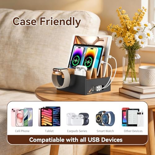 Pezin & Hulin Bamboo Charging Station with USB Charger&Cables-Natural+Black - Image 2